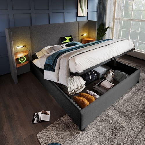 Lit Coffre 160x200 Cm - Lit Double Capitonné Avec Table De Chevet Et Lampe De Lecture - Lin - Gris