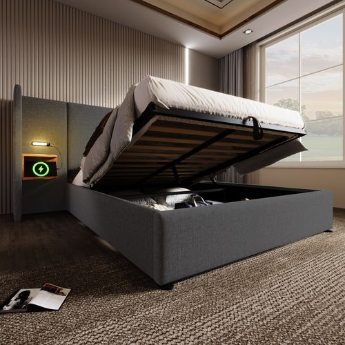 Lit Coffre 160x200 Cm - Lit Double Capitonné Avec Table De Chevet Et Lampe De Lecture - Lin - Gris