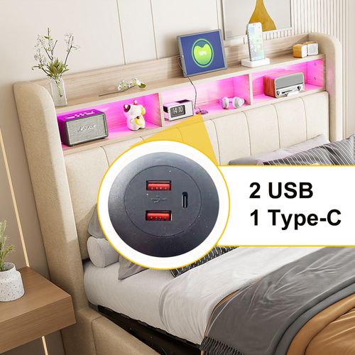 Lit Coffre 160x200 Cm - Lit Double Capitonné Avec Coffre Hydraulique, LED Et USB, Lin Beige,