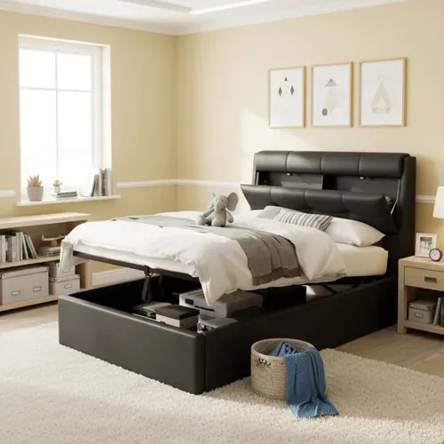 Lit Coffre 90x200 Cm - Lit Simple Capitonné Avec Tête De Lit Et Rangement Caché - Pu - Noir