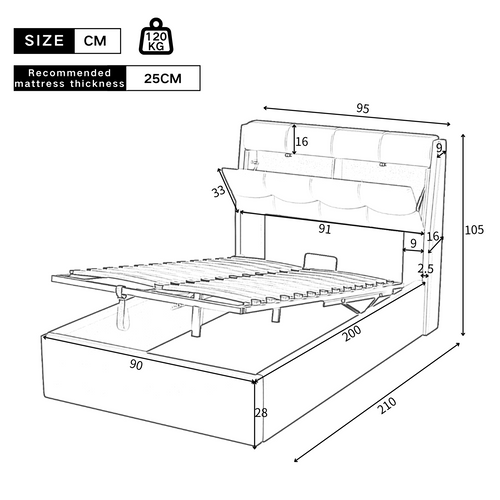 Lit Coffre 90x200 Cm - Lit Simple Capitonné Avec Tête De Lit Et Rangement Caché - Pu - Noir