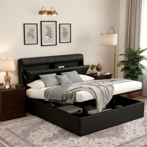 Lit Coffre 160x200 Cm - Lit Double Capitonné Avec Tête De Lit Et Rangement Caché - Pu - Noir