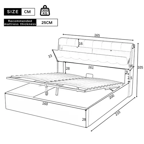 Lit Coffre 160x200 Cm - Lit Double Capitonné Avec Tête De Lit Et Rangement Caché - Pu - Noir
