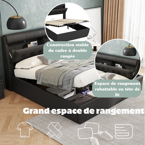 Lit Coffre 160x200 Cm - Lit Double Capitonné Avec Tête De Lit Et Rangement Caché - Pu - Noir
