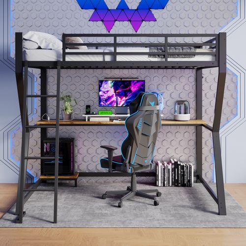 Lit Mezzanine 90×200 Cm Avec Bureau, LED, Prise USB, étagère PC Et Escalier, Métal Noir