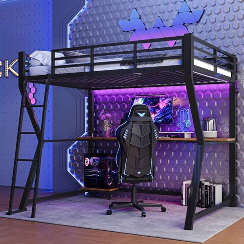 Lit Mezzanine 90×200 Cm Avec Bureau, LED, Prise USB, étagère PC Et Escalier, Métal Noir