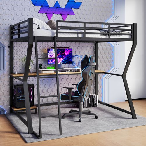 Lit Mezzanine 90×200 Cm Avec Bureau, LED, Prise USB, étagère PC Et Escalier, Métal Noir