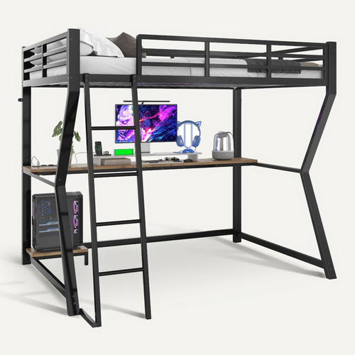 Lit Mezzanine 90×200 Cm Avec Bureau, LED, Prise USB, étagère PC Et Escalier, Métal Noir
