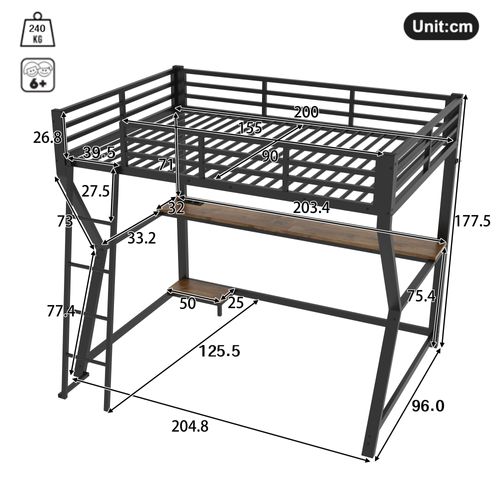 Lit Mezzanine 90×200 Cm Avec Bureau, LED, Prise USB, étagère PC Et Escalier, Métal Noir