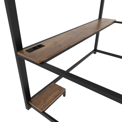 Lit Mezzanine 90×200 Cm Avec Bureau, LED, Prise USB, étagère PC Et Escalier, Métal Noir