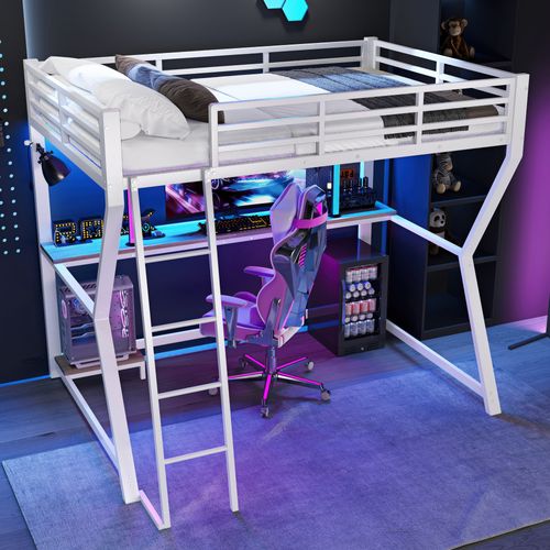 Lit Mezzanine 90×200 Cm Avec LED, Bureau, Prise Et USB, Escalier, Garde-corps, Blanc