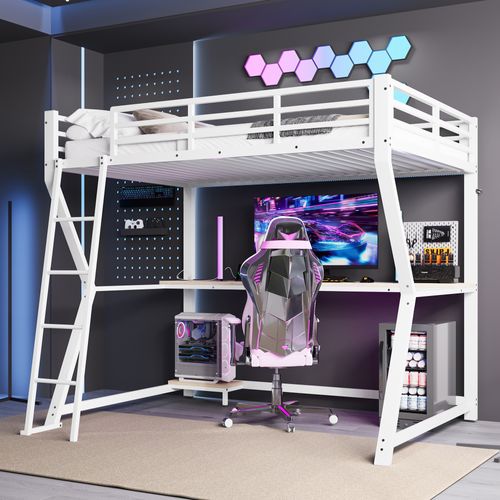 Lit Mezzanine 90×200 Cm Avec LED, Bureau, Prise Et USB, Escalier, Garde-corps, Blanc