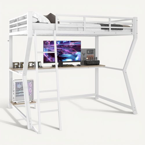Lit Mezzanine 90×200 Cm Avec LED, Bureau, Prise Et USB, Escalier, Garde-corps, Blanc