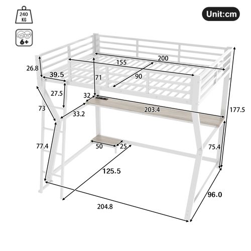 Lit Mezzanine 90×200 Cm Avec LED, Bureau, Prise Et USB, Escalier, Garde-corps, Blanc