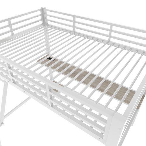 Lit Mezzanine 90×200 Cm Avec LED, Bureau, Prise Et USB, Escalier, Garde-corps, Blanc
