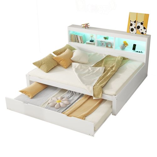 Lit Gigogne 140x200 Cm Double, Tiroir Coulissant 90x190, LED, Ports USB, Prise, Rangement, Blanc