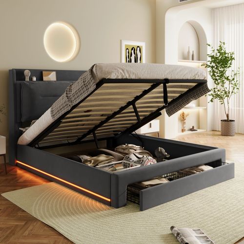 Lit Coffre 140x190 Cm – Lit Double Rembourré Avec Tiroirs Et LED, Velours, Gris
