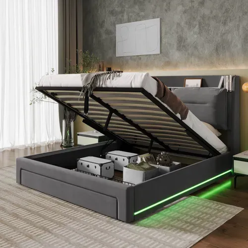 Lit Coffre 140x190 Cm – Lit Double Rembourré Avec Tiroirs Et LED, Velours, Gris