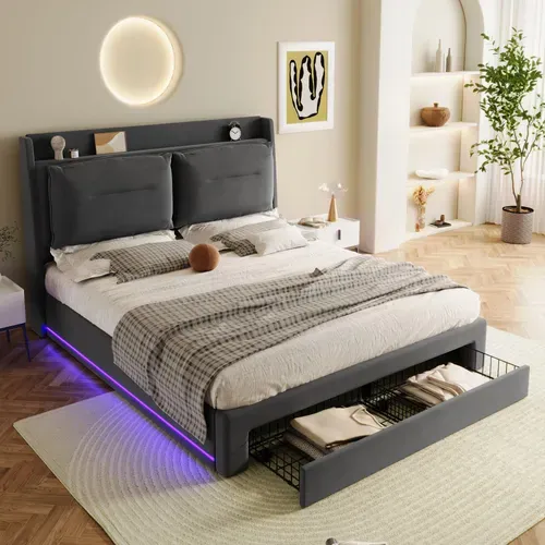 Lit Coffre 140x190 Cm – Lit Double Rembourré Avec Tiroirs Et LED, Velours, Gris
