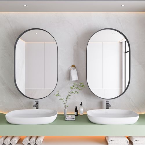 Armoire à Miroir Ovale Murale, Étagères Réglables, Salle De Bain, Noir