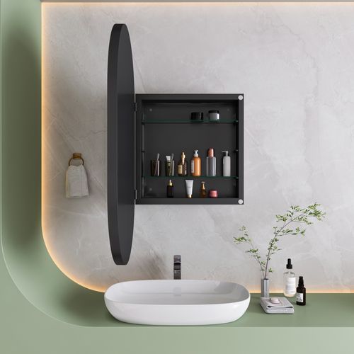 Armoire à Miroir Ovale Murale, Étagères Réglables, Salle De Bain, Noir