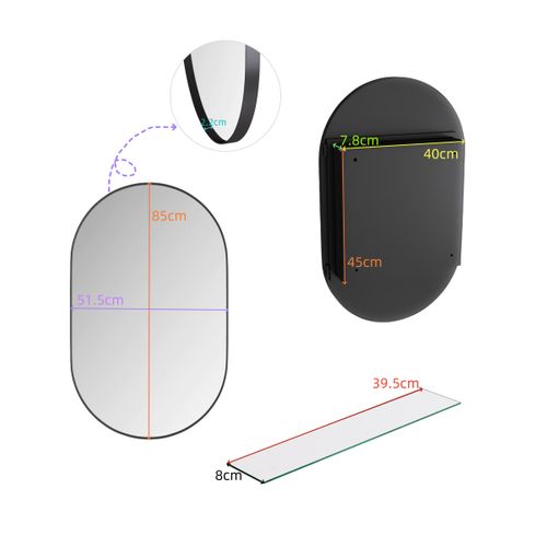 Armoire à Miroir Ovale Murale, Étagères Réglables, Salle De Bain, Noir