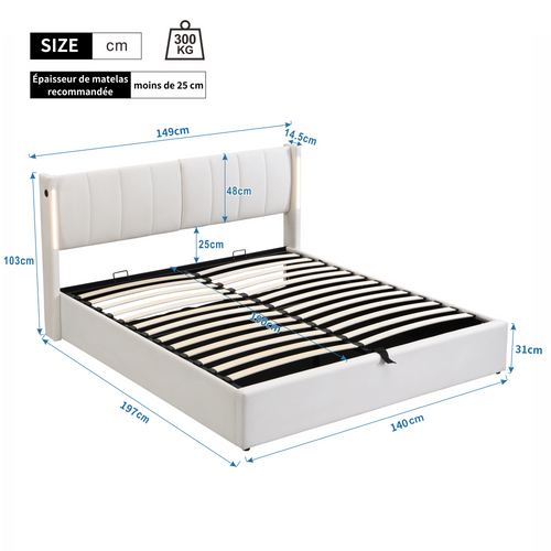 Lit Coffre Double 140x190 Cm - Avec Rangement Hydraulique Et éclairage LED, En Pu Blanc