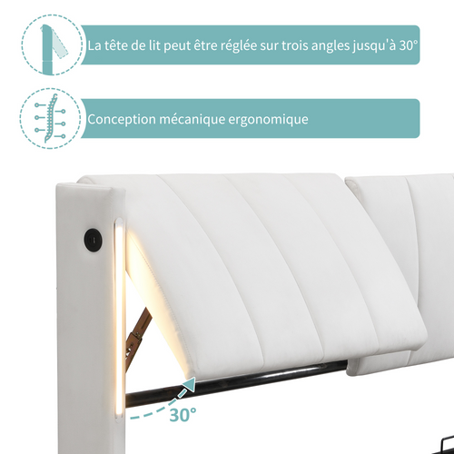 Lit Coffre Double 140x190 Cm - Avec Rangement Hydraulique Et éclairage LED, En Pu Blanc