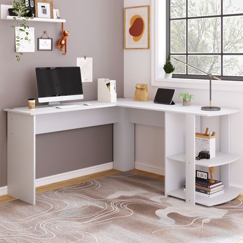 Bureau D'angle 140 cm En L Avec 2 Étagères Intégrées, Design Fonctionnel - Mdf Blanc