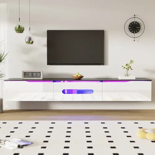 Meuble TV Blanc Avec éclairage LED 16 Couleurs - Design Mural Moderne, Rangement Spacieux, Mdf
