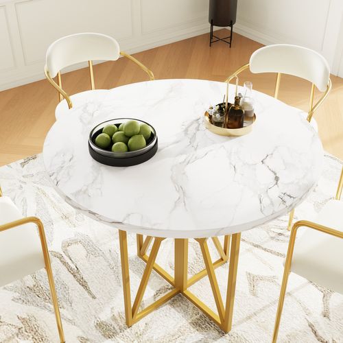 Table à Manger Ronde Avec Pieds En Métal Doré Et Plateau Mdf Effet Marbre – Or Et Blanc