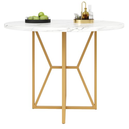 Table à Manger Ronde Avec Pieds En Métal Doré Et Plateau Mdf Effet Marbre – Or Et Blanc