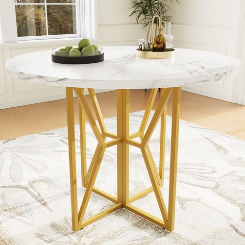 Table à Manger Ronde Avec Pieds En Métal Doré Et Plateau Mdf Effet Marbre – Or Et Blanc