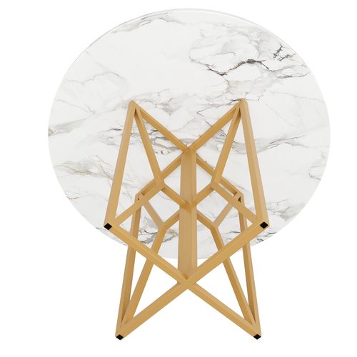 Table à Manger Ronde Avec Pieds En Métal Doré Et Plateau Mdf Effet Marbre – Or Et Blanc
