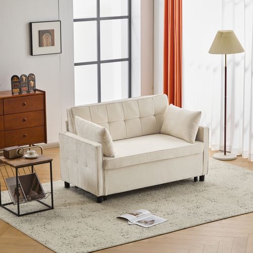 Canapé Convertible 2 Places, Dossier Réglable, éponge Haute Densité, Revêtement Chenille - Beige
