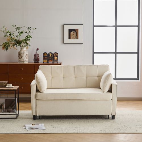Canapé Convertible 2 Places, Dossier Réglable, éponge Haute Densité, Revêtement Chenille - Beige