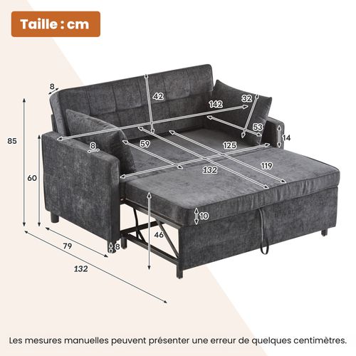 Canapé Convertible 2 Places, Dossier Réglable, éponge Haute Densité, Revêtement Chenille - Noir