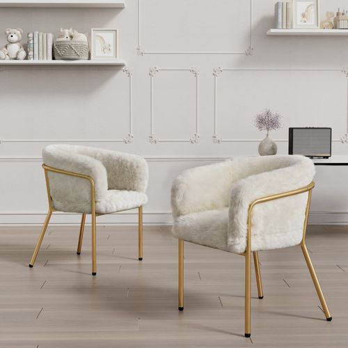 Chaise Salle à Manger Fausse Fourrure, Fauteuil Confortable, Pieds Métal, Moderne, Beige