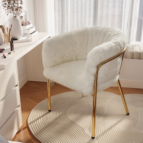 Chaise Salle à Manger Fausse Fourrure, Fauteuil Confortable, Pieds Métal, Moderne, Beige