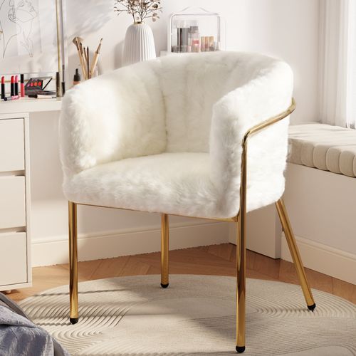 Chaise Salle à Manger Fausse Fourrure, Fauteuil Confortable, Pieds Métal, Moderne, Beige