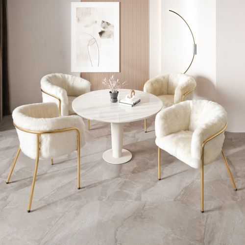 Chaise Salle à Manger Fausse Fourrure, Fauteuil Confortable, Pieds Métal, Moderne, Beige