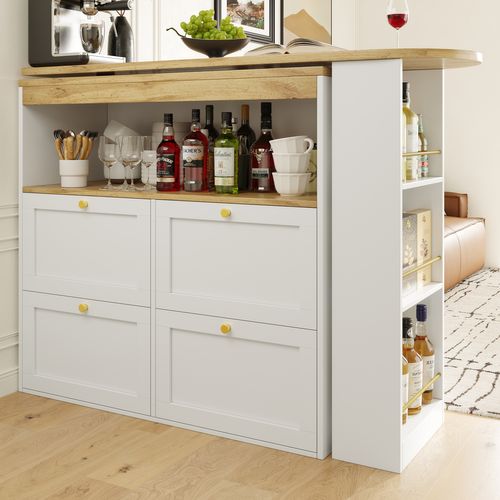 Table Bar Moderne Pivotante 360° - Meuble Bar Avec 4 Tiroirs, étagères Ouvertes, Mdf Blanc