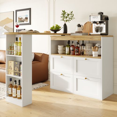 Table Bar Moderne Pivotante 360° - Meuble Bar Avec 4 Tiroirs, étagères Ouvertes, Mdf Blanc