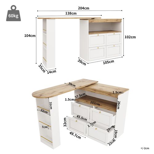 Table Bar Moderne Pivotante 360° - Meuble Bar Avec 4 Tiroirs, étagères Ouvertes, Mdf Blanc