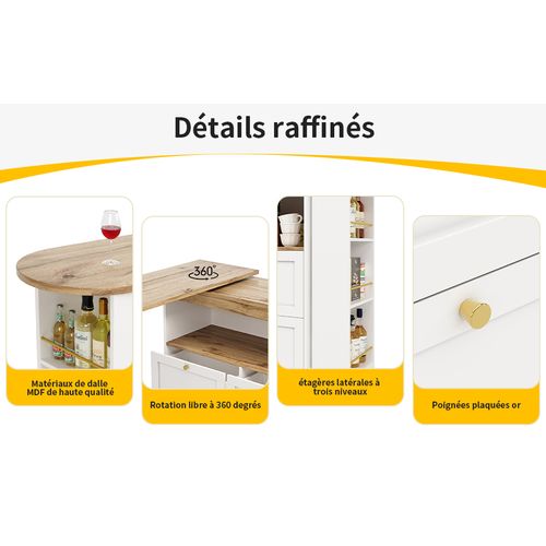 Table Bar Moderne Pivotante 360° - Meuble Bar Avec 4 Tiroirs, étagères Ouvertes, Mdf Blanc