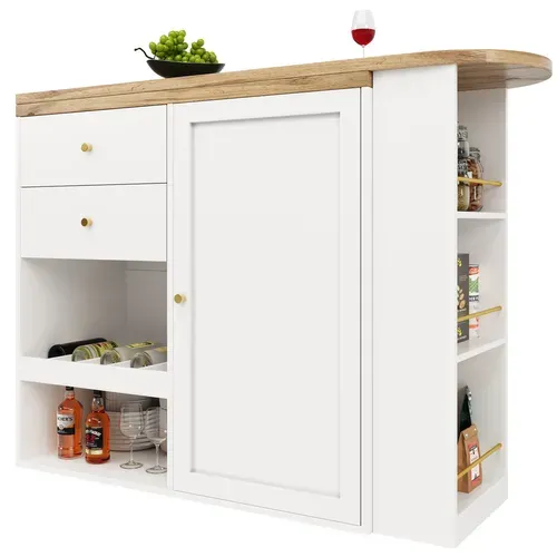 Table Bar Pivotant 360°, Porte Coulissante, 2 Tiroirs Et étagères Ouvertes, Meuble Bar Mdf, Blanc