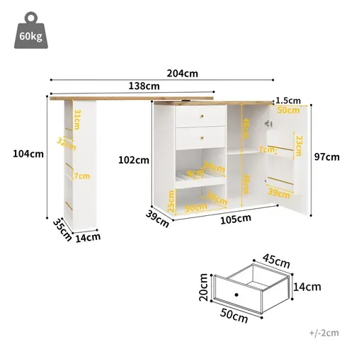 Table Bar Pivotant 360°, Porte Coulissante, 2 Tiroirs Et étagères Ouvertes, Meuble Bar Mdf, Blanc
