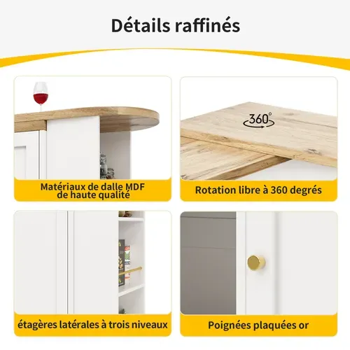 Table Bar Pivotant 360°, Porte Coulissante, 2 Tiroirs Et étagères Ouvertes, Meuble Bar Mdf, Blanc