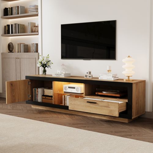 Meuble TV Moderne LED, Tiroir, étagères Verre, TV Jusqu’à 70", Mdf, Chêne Noir