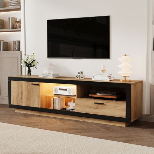 Meuble TV Moderne LED, Tiroir, étagères Verre, TV Jusqu’à 70", Mdf, Chêne Noir